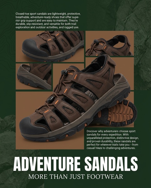 sport sandals, hiking sandals, outdoor sandals, adventure sandals, closed toe sandals, athletic sandals, trail sandals, product launch, brand awareness, minimalist, trustworthy, bold, green, brown